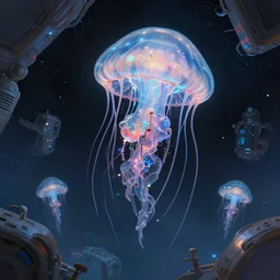 cybernetic jellyfish floating around a space station, digital painting, concept art, trending on artstation, epic composition, wlop. rossdraws, mixed media