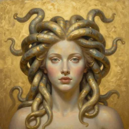 breathtaking soft painting of medusa in a golden sky, realistic symmetrical face features, rembrandt style, elegant, highly detailed, artstation, concept art, matte, sharp focus, art by tom bagshaw, and greg rutkowski