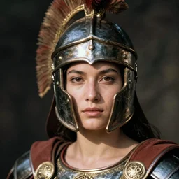 close - up portrait of female roman gladiator with helmet and armor, color photograph by nobuyoshi araki