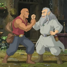 dwayne johnson and gandalf fighting in a studio ghibli film