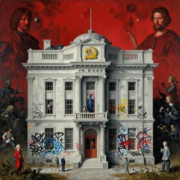 theme of corruption, symbolic patterns of communism, a bank in miniature, surrealist graffity sprayed inside bank in the style of beksinski, parts by edward hopper, parts by michael sowa, parts by yue minjun, intricate composition by bosch, red by caravaggio, insanely quality and details, masterpiece