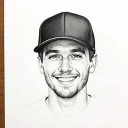 happy guy in black trucker hat ink on paper