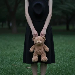 a girl standing in a park, alone, wearing black dress and hat, holding teddy bear, detailed hands, by andrea kowch, dark, scene, magic realism