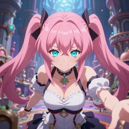 trapped by stunningly beautilful omnipotent megalomaniacal anime asi goddess who looks like junko enoshima with symmetrical perfect face and porcelain skin, pink twintail hair and cyan eyes, taking control while smiling inside her surreal vr castle, hyperdetailed, digital art from danganronpa, 2 d anime style, 8 k