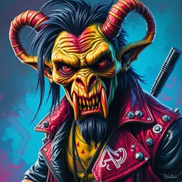 portrait of an apocalyptic demonic orcish goblin biker character, cool pose, psychedelic vibrant colors, futuristic punk rock fashion, oil painting by michael whelan art, sharp focus, realistic, detailed eyes, 8 0 s hair, studded leather jacket, 8 k