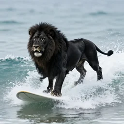 a black lion surfing on waves