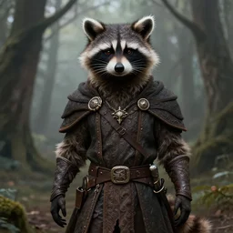 photography of a male anthropomorphic raccoon fursona dressed as a rogue in a misty forest, deep focus, d & d, fantasy, intricate, elegant, highly detailed, digital painting, artstation, concept art, matte, sharp focus, illustration, hearthstone, art by artgerm and greg rutkowski and alphonse mucha