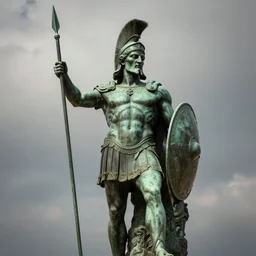 a huge bronze statue of a spartan warrior holding his spear and shield, laconia, greece, photorealistic, atmospheric