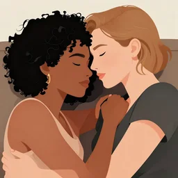 close - up portrait of a mixed race lesbian couple deeply in love cuddling on the sofa, very romantic, highly detailed, smooth, stylized, medium shot, vector line art, clean cel shaded vector art, by lois van baarle and ilya kuvshinov and ross tron