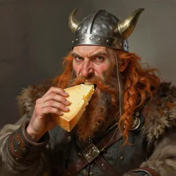 a portrait of Viking rapaciously eating cheese, highly detailed, digital painting, artstation, concept art, sharp focus, illustration, art by artgerm and greg rutkowski and alphonse mucha