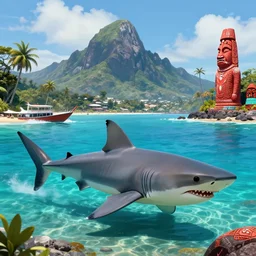 ocean shark oasis mountain maori travel, digital art, highly detailted,