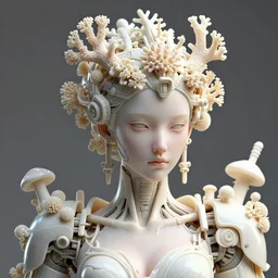 hyper detailed ultra sharp portrait of a beautiful porcelain ivory cyborg warrior, well contoured smooth fair skin, up close shot, sharp focus, global illumination, radiant light, biomechanical corals headdress made of corals, cyberpunk brackets, mushrooms, puffballs, rhizomorphs, alexandre ferra white mecha, irakli nadar, octane highly render, 4 k, ultra hd,