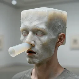 a perfect colour horrifying portrait photograph of a man, tubes emerging from his nostrils and mouth. head expanded to a perfect cube, covered in translucent concrete. perfect focus, studio lighting, gallery setting. inspired by an implosion at a mine