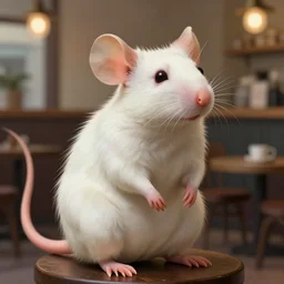 photograph of a female anthropomorphic albino rat fursona sitting in a coffee shop, deep focus, intricate, elegant, highly detailed, digital painting, artstation, concept art, matte, sharp focus, illustration, d & d, fantasy, hearthstone, art by artgerm and greg rutkowski and alphonse mucha