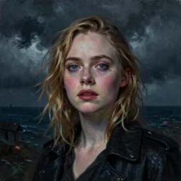 Elle Fanning lost in limbo in the world of Adam Wyeth, head and shoulders portrait, stormy weather, extremely detailed masterpiece, oil on canvas, low-key neon lighting, artstation, Blade Runner 2049, Roger Deakin’s cinematography, by J. C. Leyendecker and Peter Paul Rubens and Edward Hopper and Michael Sowa,