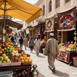 A busy and crowded Persian and Japanese style Middle Eastern street. Fruit stalls under the cover of yellow tents are filled with colorful and exotic fruits. Incense burner stores were filled with metal incense burners. Stalls selling carpets were hung with Japanese ukiyo-e style carpets. Realistic concept art, 4k, full of details. Digital art. Greg Rutkowski, a pedestrian walking down the street in old-fashioned Oriental clothing. by Greg Rutkowski