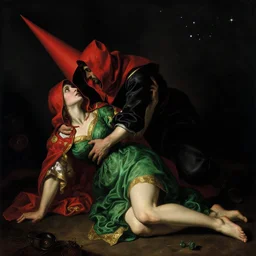 trials of the scarlet woman by caravaggio adolf wolfli beksinski jan van eyck william blake, hardship, prone pose, torturer, agony, sky with stars, black void, ecstatic visions, conical red hood, red gold emerald