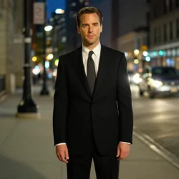 1 9 9 6 nathan lane wearing a black suit and necktie standing on the streets of chicago at night.