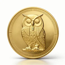 a golden coin with owl symbol on it, avant garde style, egyptian style, illumunati, odd design, intriguing, very symmetrical, precise, award winning design, best design, global top design, limited edition, gold, golden ratio, detailed, object, museum collection, cinematic lighting, gradual tonality, white studio, high class, high resolution, 1 2 5 mm, close shot of object, detailed