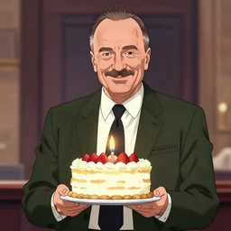 saul goodman, smiling, holding a birthday cake, anime art, trending on artstation