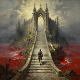 an epic painting by barlowe wayne, maxfield parrish and marco mazzoni. a lonely knight walks on the winding stone steps, a gorgeous landscape painting of a lonely magnificent gothic gate to the hell above the long stepts,, 3 d, octane render, turbulent blood lake, fog, 8 k.