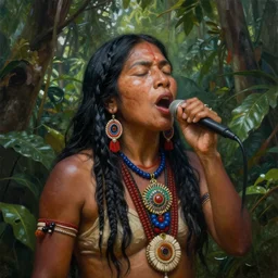 a beautiful painted portrait of an indigenous shaman singing in the jungle, matte painting, fantasy art, ayahuasca