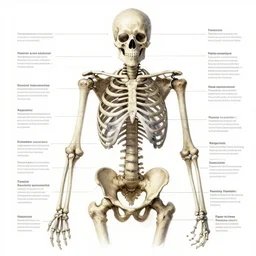 fragmented skeleton, detailed anatomical diagram, pointers with descriptions, illustration, 4 k