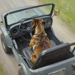 brindle boxer driving a jeep, overhead view, oil on canvas,