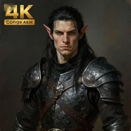 character design, portrait of a attractive half elf half orc male with long black hair and proeminent cheekbones, medieval, dark armor, painting by wlop, nixeu and greg rutkowski, beautiful, cgsociety, semirealism, artstation, octane render, sharpness, 8 k, golden ratio