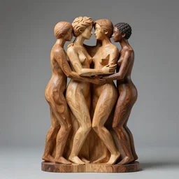 flowy wood sculpture of beautiful androgynous polyamorous racially diverse people caressing