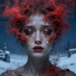 crying symmetrical face of gorgeous goddess made of red smoke and ash with golden tears, art by zdzisław beksinski, deep eyes, dark blue atmosphere, snow landscape background, concept art, artstation, art by anato finnstark