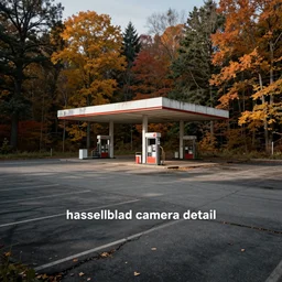 “panorama of an abandoned gas station parking lot autumn forest realistic detailed cinema hasselblad camera detail cracked pavement wide angle”