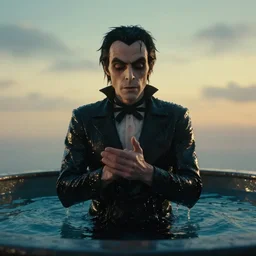 a film still of a man being baptized by tim burton, golden hour, cinematic lighting, cool, spiritual, detailed, 8 k concept art