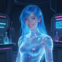 in the style of neon cyberpunk, sci fantasy : : airbrushed digital painting : : pale hologram smiling science girl blue hair : : dark futuristic lab background interior