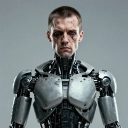 grainy photo of an ugly man, wearing bionic implants, cyborg, cyborg, cyborg, criminal, gray background