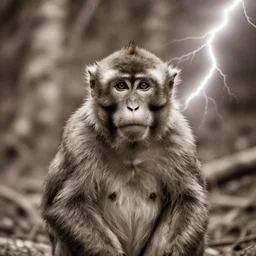 a close up, sepia, forest fotograph of a monkey with intense bright lightning, wide - angle lens, soft focus