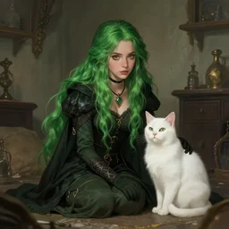 natalie emmanuels as a fantasy female witch, with a white cat, green hair, cozy atmosphere, highly detailed, qichao wang, artgerm, cushart krenz, zeronis, trending on artstation, soft light, sharp edges, illustration, character design, concept art