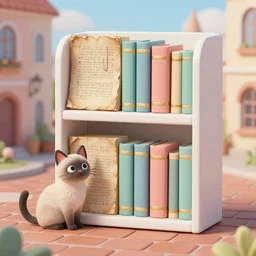 bookshelf with siam cat, brick streets, ancient manuscripts, nordic pastel colors, 3 d art, digital illustration, perfect lighting