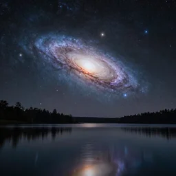 the andromeda galaxy arccing across the sky,  reflecting in a lake at night, ultra detailed, trending on artstation, octane render