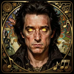 portrait of johnny cash glowing eyes, volumetric lights, feast, music notes, art nouveau botanicals, gothic, intricate, highly detailed, digital painting, artstation, concept art, smooth, sharp focus, symmetric face, illustration, steampunk, art by artgerm and greg rutkowski and alphonse mucha