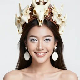 a happy looking beautiful young thai woman with symmetrical white makeup, wearing an intricate headdress made from bones and leather, wearing large earrings made from white bones, hyperdetailed illustration by irakli nadar and alexandre ferra, intricate linework, in the style of a national geographic portrait, unreal engine 5 highly rendered, global illumination, radiant light, detailed and intricate environment