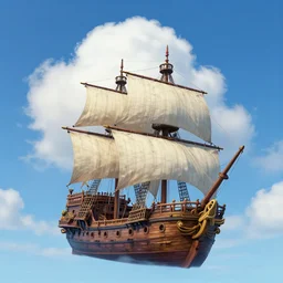 a pirate flying ship in a blue sky with a big white cloud, very beuatiful and colorfull, trending on artstation, by philip sue