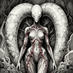 naraka buddhist demon korean female, happy female alien, tubular creature, blood vesels, no face, dystopian surrealism, alex ries zdzisław beksinski, symmetrical long head, smooth marble surfaces, smooth marble surfaces, detailed ink illustration, detailed ink illustration, raiden metal gear, cinematic smooth stone, deep aesthetic, concept art, intricate