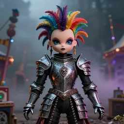 photorealistic portrait of a curiosities carnival, single doll punk in a full gothic armor, multiple dyed colors haircut, heroic, symmetry accurate features, focus, rainbow lighting, very intricate details, award winning masterpiece, by tom bagshaw, ultra deep fog background