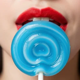 an extreme close up on a blue lollipop, behind is a woman's lips in red lipstick