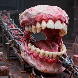 hr giger - designed assembly line made of teeth and gums. assembly line made to chew objects. nightmare 3 d cinematic render, volumetric lighting, photorealistic, by hr giger. red pink white steel black rust surreal biomechanical nightmare trypophobia