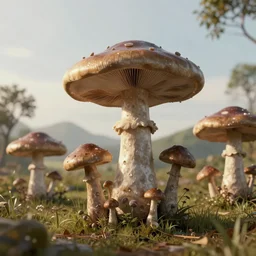 : abstract sculpture in mushroom feild cinematic lighting, hyper - realistic, detailed, render by c 4 d octane, unreal engine, 8 k 3 d render