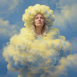 old ukrainian woman!!!!, fully covered in yellow and blue clouds!!!, disarming, enchanting, fragile, hopeful, cloudcore, portrait, by kim keever