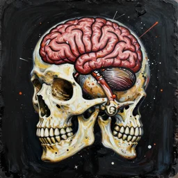 Gritty splattered punk painting of the anatomy of a head, skull, and brain, painted by Basquiat. Dark background. Trending on artstation
