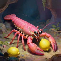 A psychedelic This elongated monster looks like a sea scorpion and a lemon. It has a pink colored body, canons and a stinger. It can be found in caves and is very loyal to it's owner., vibrant color scheme, highly detailed, in the style of romanticism, cinematic, artstation, Moebius, Greg rutkowski